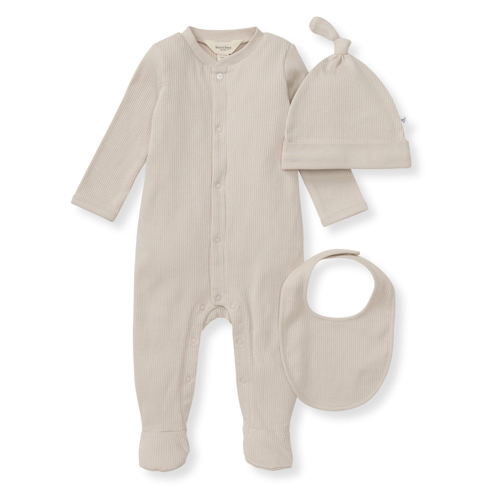 Organic Cotton Jumpsuit, Bib & Hat 3 Piece Set - Limestone