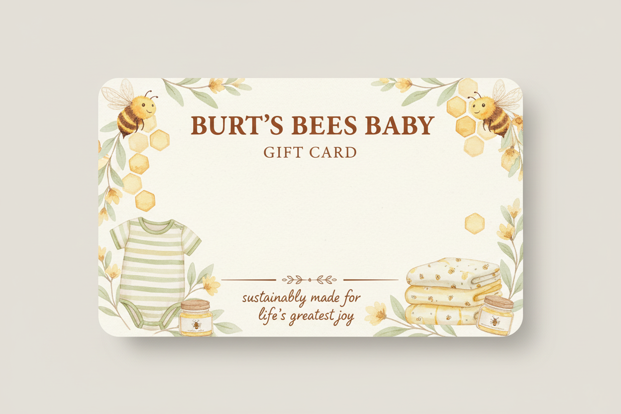 Burt's Bees Baby gift card with illustrations of a baby onesie, bottles, and flowers on a light gray background.